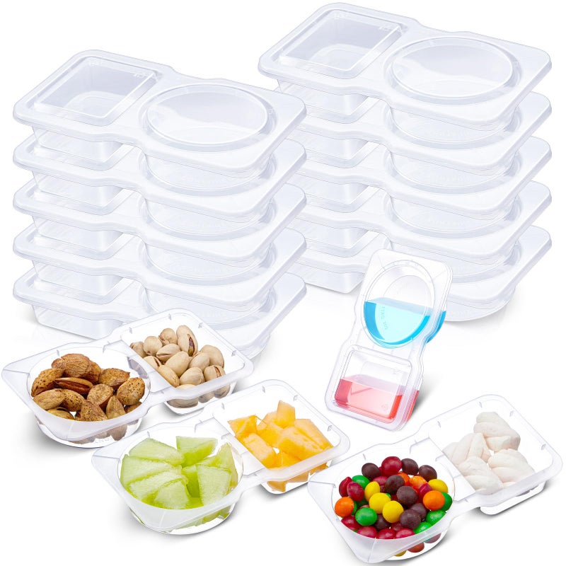 Blushtier 10 Pcs 5 oz Double Compartment Snack Containers with Lids Clear 2 Compartment Small Disposable Plastic Snack Box Container for Sauce Salad Travel Sampling