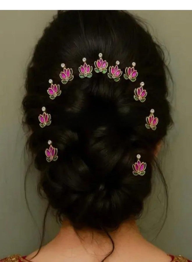 Viral Lotus Flower Hair Pins with Crystal Embellishments, Pink and Green, Pack of 6
