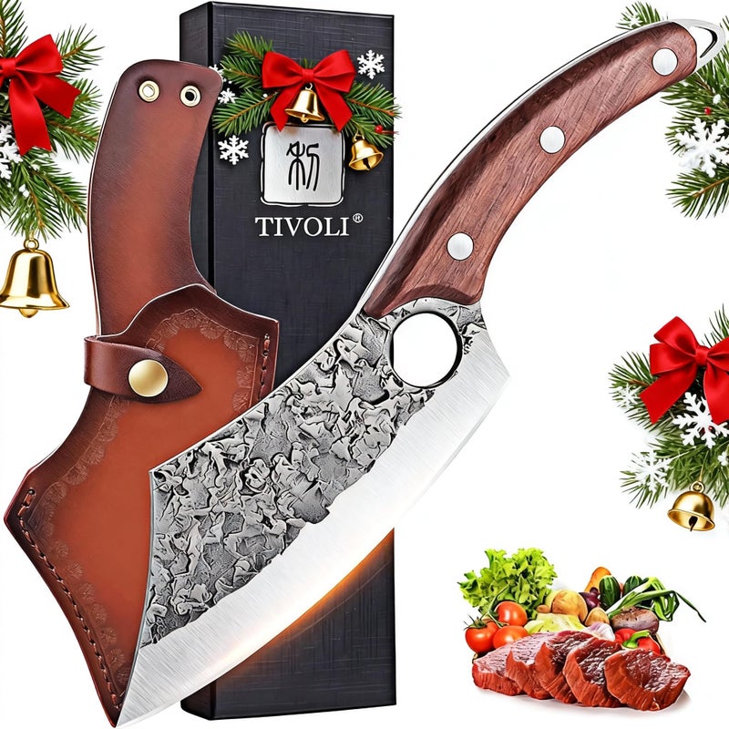 TIVOLI Meat Cleaver Knife, Hand Forged Full Tang Butcher knife for Meat Cutting, High Carbon Steel Viking Knife with Sheath for Kitchen Outdoor Camping BBQ Father's Day Christmas Gift Men Women - Image 1