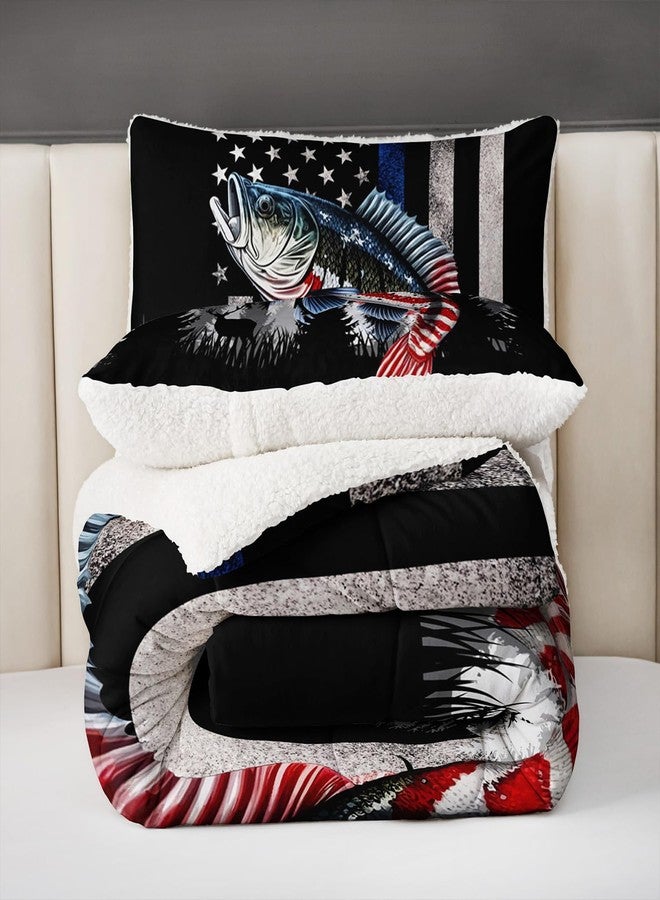 HOSIMA Soft and Plush Reversible Micromink and Sherpa Comforter with 2 Pillowcases,American Flag Fishing Bedding Full Size Comforter Set,Fishing Theme Fuzzy Comforter for Girls Boys Room Decor. - Image 4