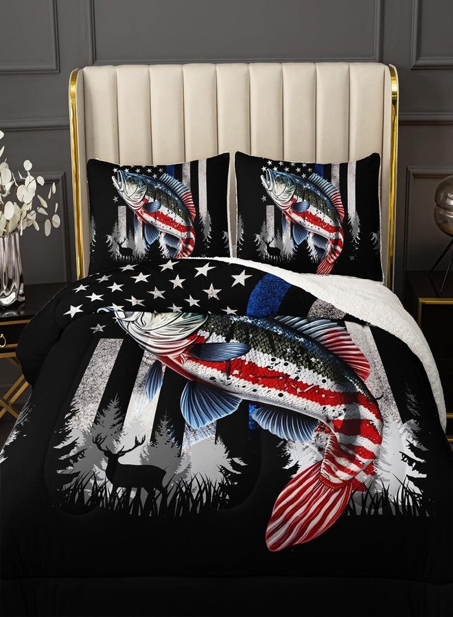 HOSIMA Soft and Plush Reversible Micromink and Sherpa Comforter with 2 Pillowcases,American Flag Fishing Bedding Full Size Comforter Set,Fishing Theme Fuzzy Comforter for Girls Boys Room Decor. - Image 2
