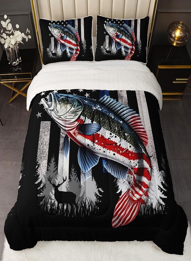 HOSIMA Soft and Plush Reversible Micromink and Sherpa Comforter with 2 Pillowcases,American Flag Fishing Bedding Full Size Comforter Set,Fishing Theme Fuzzy Comforter for Girls Boys Room Decor. - Image 1