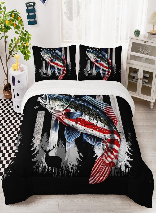 HOSIMA Soft and Plush Reversible Micromink and Sherpa Comforter with 2 Pillowcases,American Flag Fishing Bedding Full Size Comforter Set,Fishing Theme Fuzzy Comforter for Girls Boys Room Decor. - Image 3