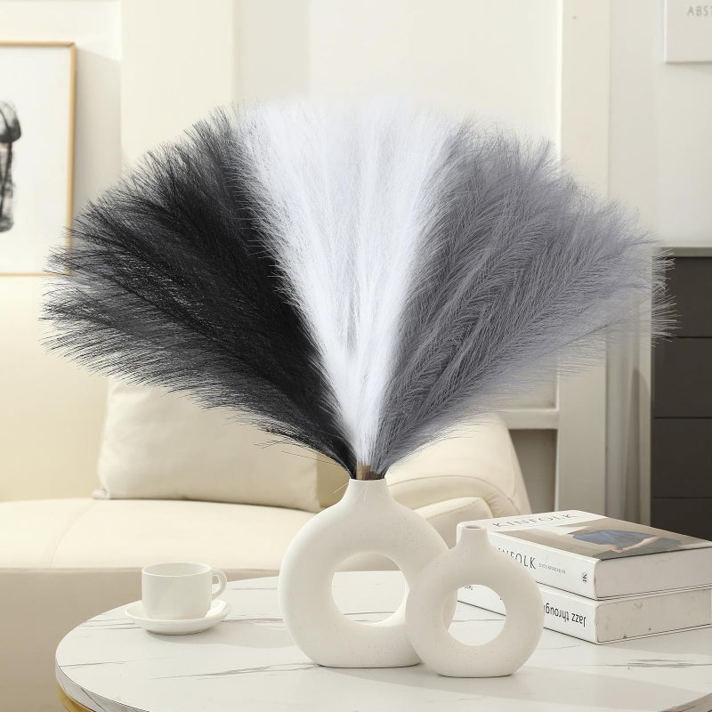 UREYMX Faux Pampas Grass Decor 17.7 Inch 30pcs, Artificial Pampas Grass Fluffy Home Decor, Short Vase Room Decor pompous Grass Flower Arrangement for Boho Home Wedding Decoration (Black,White,Grey) - Image 2