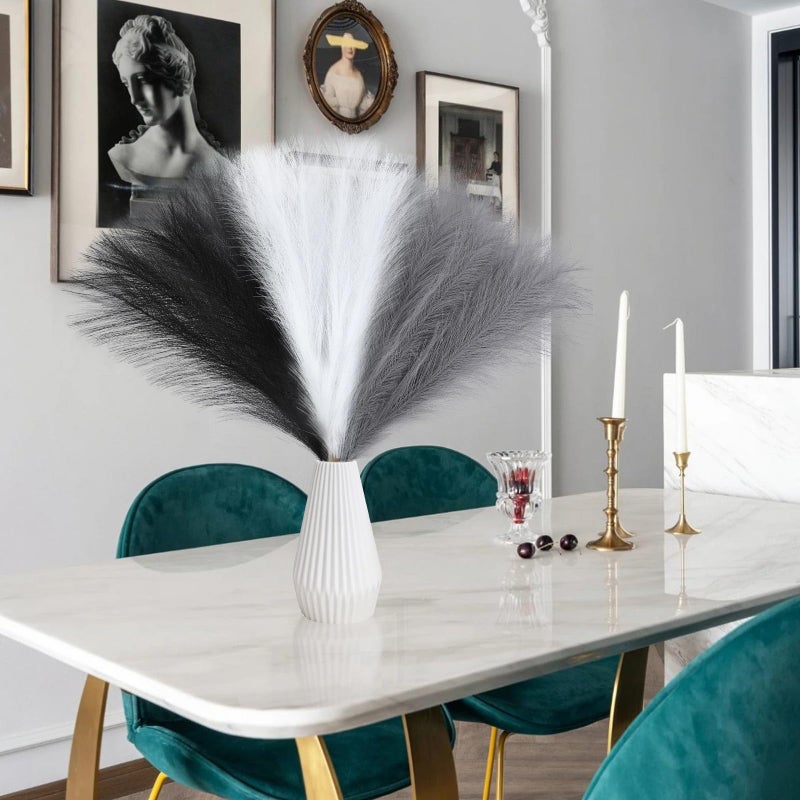 UREYMX Faux Pampas Grass Decor 17.7 Inch 30pcs, Artificial Pampas Grass Fluffy Home Decor, Short Vase Room Decor pompous Grass Flower Arrangement for Boho Home Wedding Decoration (Black,White,Grey) - Image 4