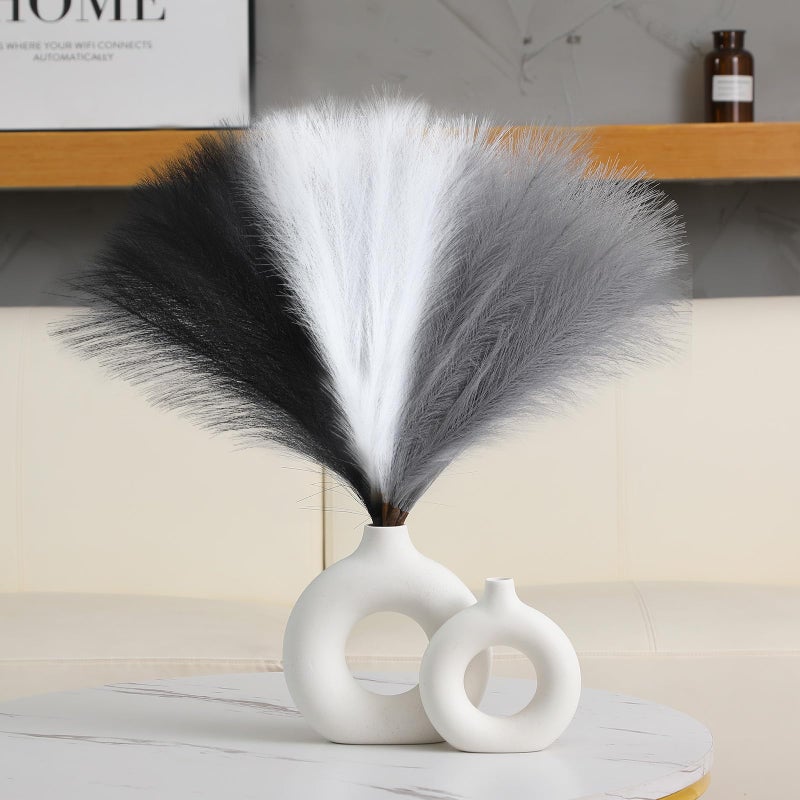 UREYMX Faux Pampas Grass Decor 17.7 Inch 30pcs, Artificial Pampas Grass Fluffy Home Decor, Short Vase Room Decor pompous Grass Flower Arrangement for Boho Home Wedding Decoration (Black,White,Grey) - Image 3