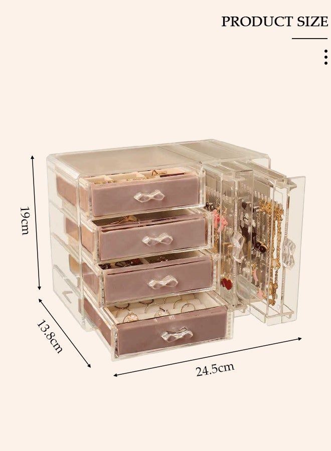 DUNISO صندوق تنظيم المجوهرات الأكريليكي، حامل حلق منظم للحلي الشفافة مع 4 أدراج مخملية للأقراط والخواتم والقلائد والأساور، علبة عرض هدية للنساء والفتيات - Image 2