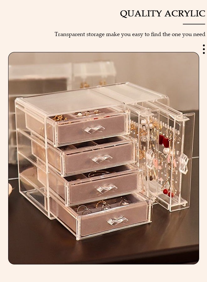 DUNISO صندوق تنظيم المجوهرات الأكريليكي، حامل حلق منظم للحلي الشفافة مع 4 أدراج مخملية للأقراط والخواتم والقلائد والأساور، علبة عرض هدية للنساء والفتيات - Image 3