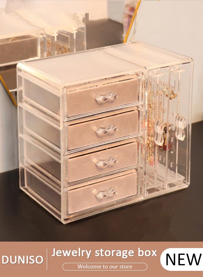 DUNISO صندوق تنظيم المجوهرات الأكريليكي، حامل حلق منظم للحلي الشفافة مع 4 أدراج مخملية للأقراط والخواتم والقلائد والأساور، علبة عرض هدية للنساء والفتيات - Image 1