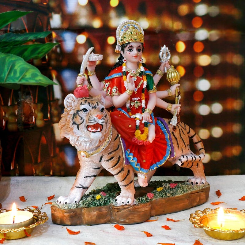 alikiki Hindu Goddess Durga Statue Big - 8.5” Indian God Durga MATA Idol on Tiger Statue India Murti Home Office Temple Mandir Altar Pooja Item Diwali Gift for Indian People Deepavali Puja Decoration - Image 3