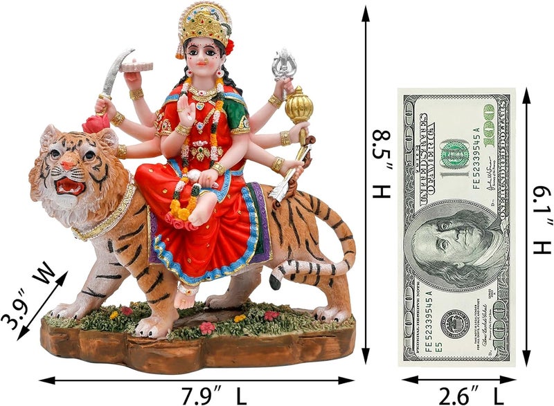 alikiki Hindu Goddess Durga Statue Big - 8.5” Indian God Durga MATA Idol on Tiger Statue India Murti Home Office Temple Mandir Altar Pooja Item Diwali Gift for Indian People Deepavali Puja Decoration - Image 5