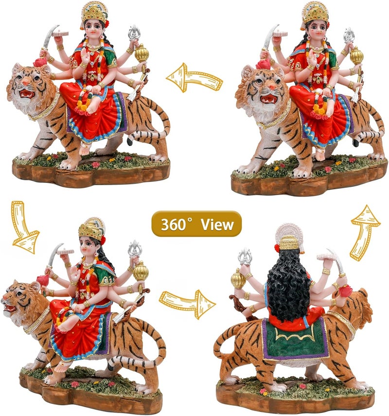alikiki Hindu Goddess Durga Statue Big - 8.5” Indian God Durga MATA Idol on Tiger Statue India Murti Home Office Temple Mandir Altar Pooja Item Diwali Gift for Indian People Deepavali Puja Decoration - Image 2