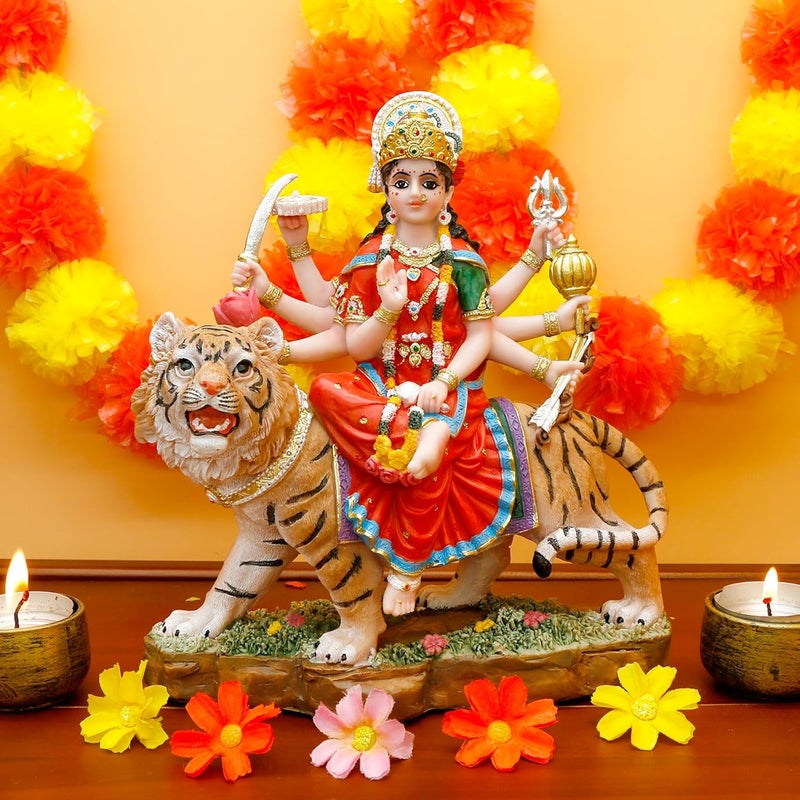 alikiki Hindu Goddess Durga Statue Big - 8.5” Indian God Durga MATA Idol on Tiger Statue India Murti Home Office Temple Mandir Altar Pooja Item Diwali Gift for Indian People Deepavali Puja Decoration - Image 1