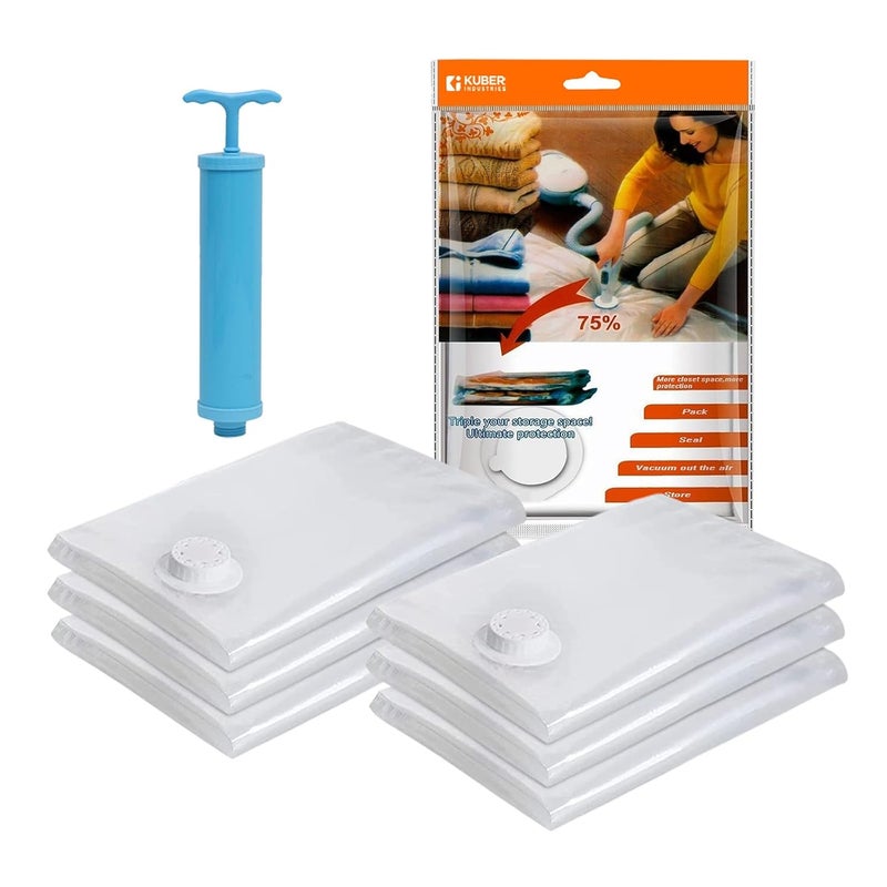 Kuber Industries Vacuum Storage Bags Travel Space Saver Seal Bags Vacuum Bags Bags for Clothes with Hand Pump 40x60 Pack of 6 Transparent - Image 1