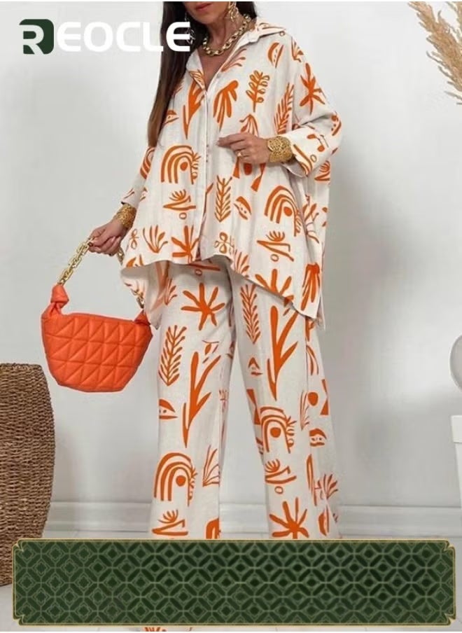 ريوكل بدلة عادية عصرية سروال مطبوع مستقيم قميص فضفاض بأزرار 2 قطعة بدلة نسائية - Image 1