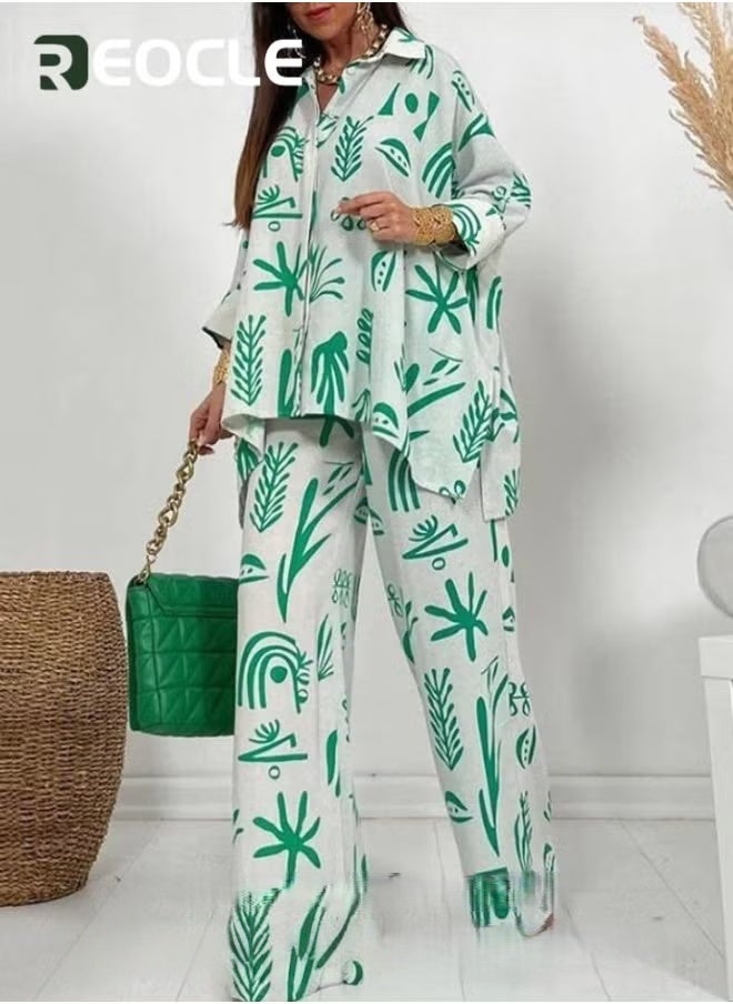 ريوكل بدلة عادية عصرية سروال مطبوع مستقيم قميص فضفاض بأزرار 2 قطعة بدلة نسائية - Image 3