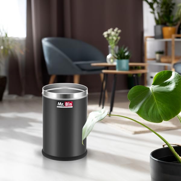 Mr. Bin Mr Bin Stainless Steel Dustbin Trendy Black Stainless Steel bin 8 x 12 Garbage Bin SS 202 Modular Trash Can Round Shape Dustbin for Home Bathroom Kitchen Office 9 Liter - Image 2