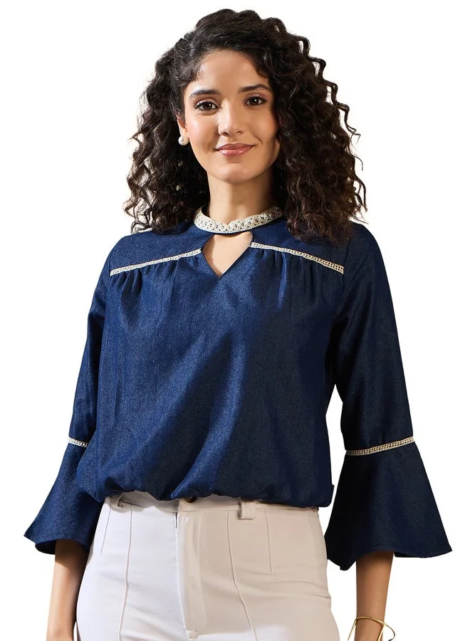 StyleStone  StyleStone Denim Keyhole Neck Top with Lace Detail for Women | Best Price UAE