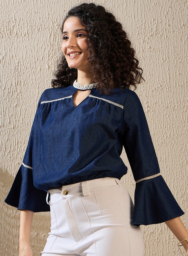 ستايل ستون بلوزة دينم ستايل ستون بفتحة عنق و تفاصيل دانتيل - Image 1