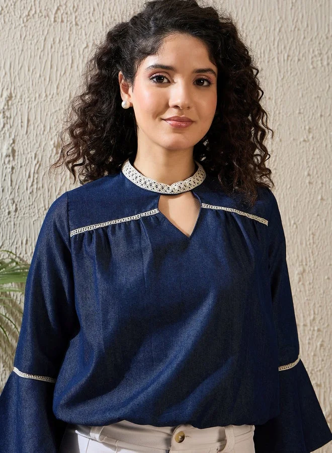 StyleStone  StyleStone Denim Keyhole Neck Top with Lace Detail for Women | Best Price UAE