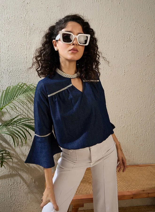 StyleStone  StyleStone Denim Keyhole Neck Top with Lace Detail for Women | Best Price UAE