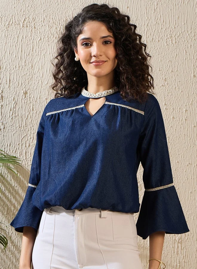 StyleStone  StyleStone Denim Keyhole Neck Top with Lace Detail for Women | Best Price UAE
