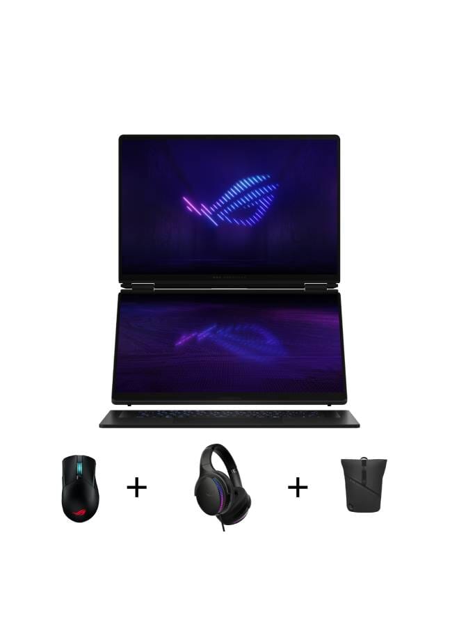 أسوس ROG Zephyrus Duo 16 Laptop with 16 Inch 3K / Intel Core Ultra 9 386H / 64 Gigabyte / 2 Terabyte SSD / NVIDIA GeForce RTX 5090 with ROG Gladius III Mouse, P514 Backpack for Duo (2026) and ROG Fusion II 300 HEADSET Stellar Grey - Image 1