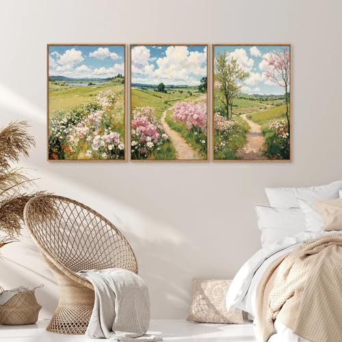 Tinonedraw Rustic Landscape Framed Canvas Wall Art Triptych, Blue and White Wall Decor, Vintage Botanical Floral Artwork, Modern Country Nature Farmhouse Art Prints for Living Room Bedroom 16"x24"x3 - Image 5