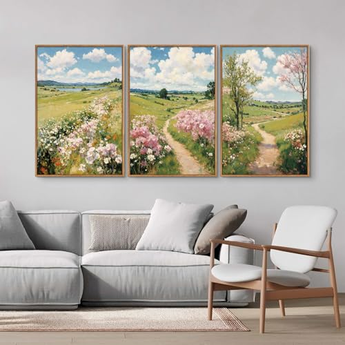 Tinonedraw Rustic Landscape Framed Canvas Wall Art Triptych, Blue and White Wall Decor, Vintage Botanical Floral Artwork, Modern Country Nature Farmhouse Art Prints for Living Room Bedroom 16"x24"x3 - Image 4