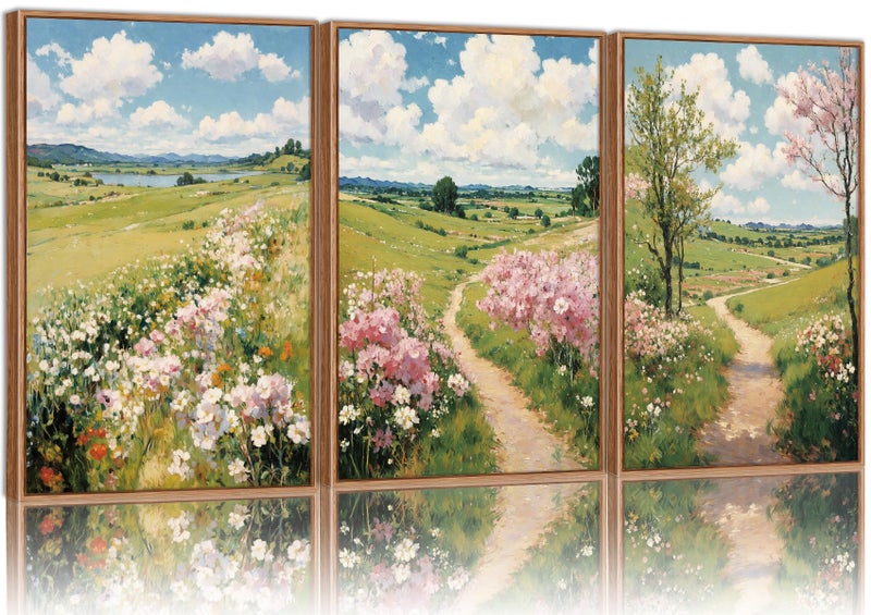 Tinonedraw Rustic Landscape Framed Canvas Wall Art Triptych, Blue and White Wall Decor, Vintage Botanical Floral Artwork, Modern Country Nature Farmhouse Art Prints for Living Room Bedroom 16"x24"x3 - Image 1