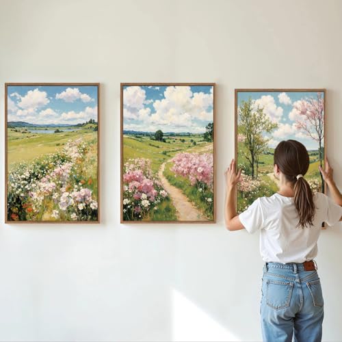 Tinonedraw Rustic Landscape Framed Canvas Wall Art Triptych, Blue and White Wall Decor, Vintage Botanical Floral Artwork, Modern Country Nature Farmhouse Art Prints for Living Room Bedroom 16"x24"x3 - Image 3