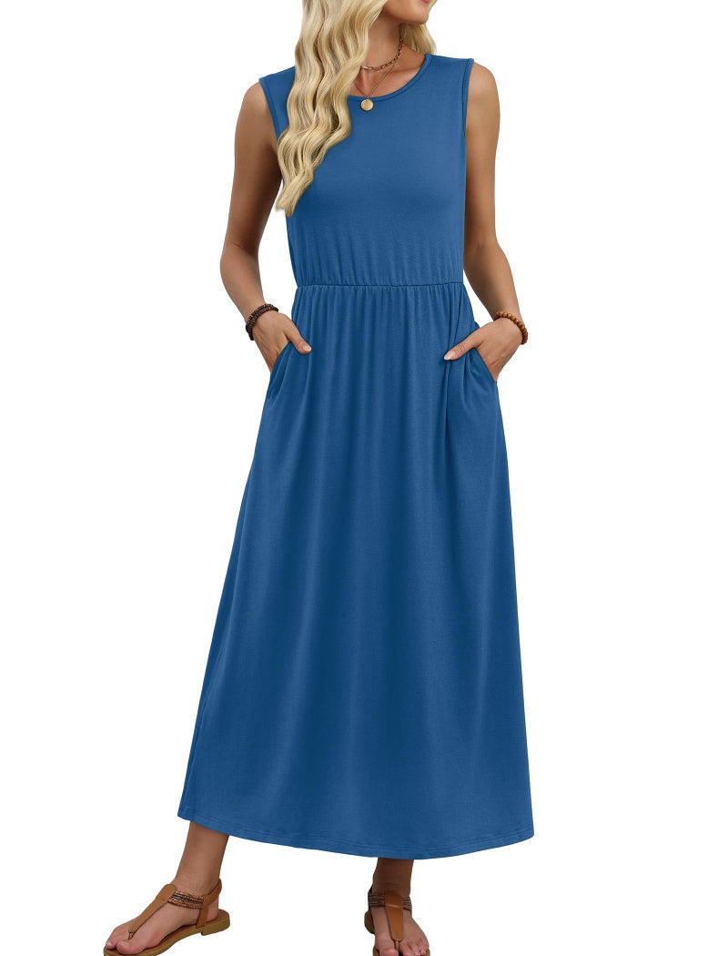 WIHOLL Dresses for Women 2026 Elegant Classy Sundresses Maxi Casual Summer Vacation Outfits Resort A Line Long Dresses for Women Work Blue L - Image 3