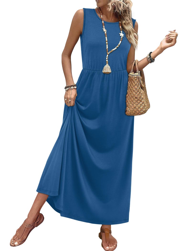 WIHOLL Dresses for Women 2026 Elegant Classy Sundresses Maxi Casual Summer Vacation Outfits Resort A Line Long Dresses for Women Work Blue L - Image 1