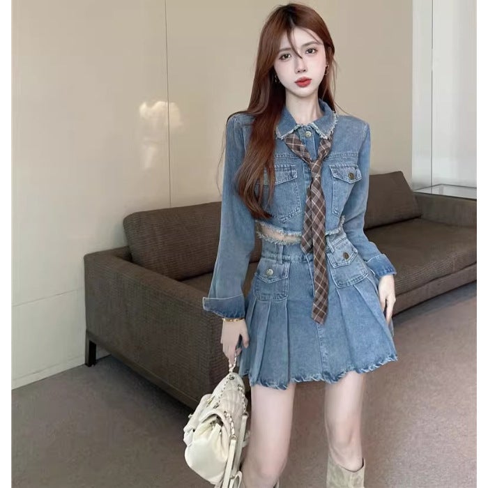 Hong Kong Style Hot Girl Denim Skirt suit Womens Autumn and Winter New Academic Style Sweet and Hot Coat Pleated Skirt Denim suit