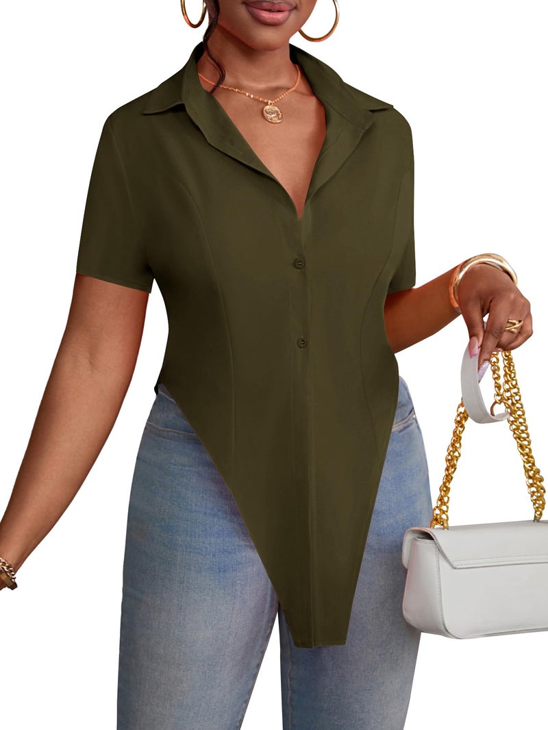 LYANER Women's Collar V Neck Button Front Short Sleeve Slit Hem Long Shirt Blouse Top Olive Green Medium - Image 5