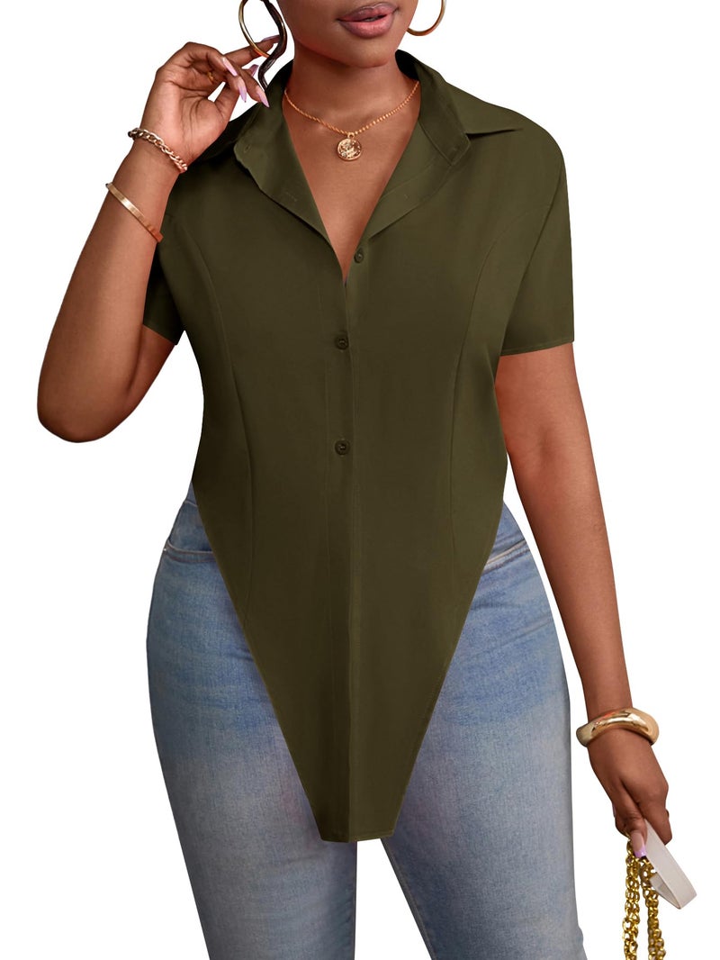 LYANER Women's Collar V Neck Button Front Short Sleeve Slit Hem Long Shirt Blouse Top Olive Green Medium - Image 3