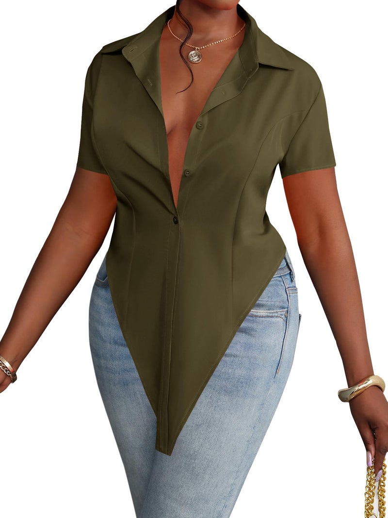 LYANER Women's Collar V Neck Button Front Short Sleeve Slit Hem Long Shirt Blouse Top Olive Green Medium - Image 1