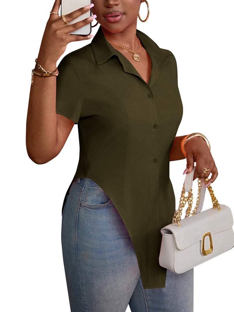 LYANER Women's Collar V Neck Button Front Short Sleeve Slit Hem Long Shirt Blouse Top Olive Green Medium - Image 2