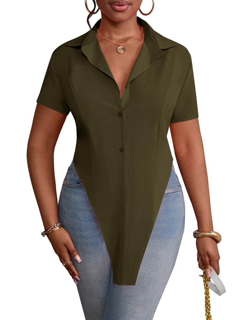LYANER Women's Collar V Neck Button Front Short Sleeve Slit Hem Long Shirt Blouse Top Olive Green Medium - Image 4