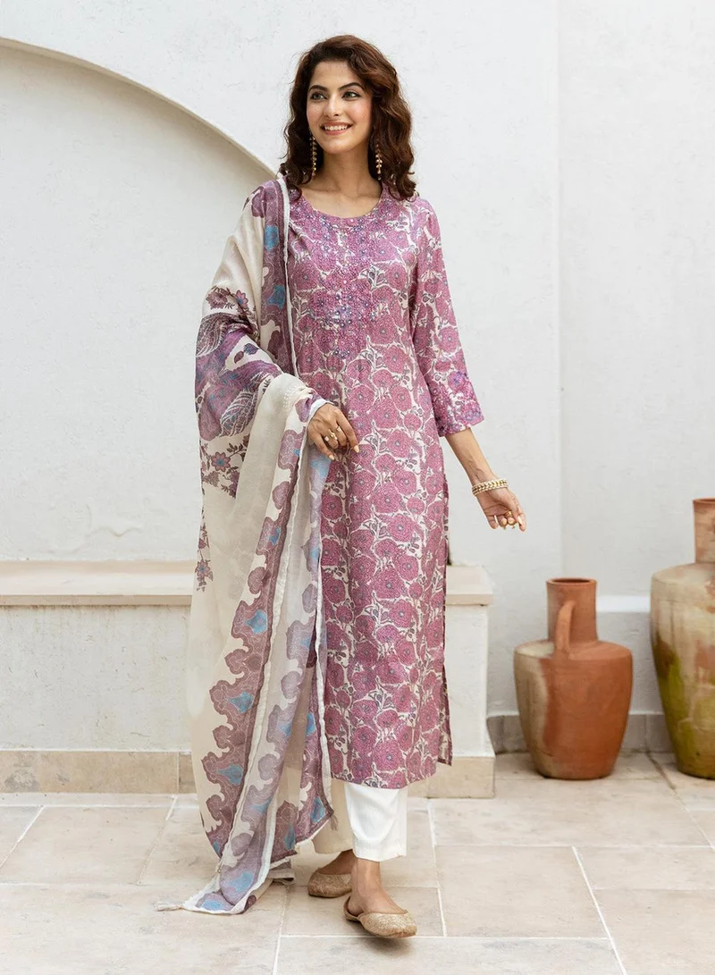 ISHIN Women's Pink Modal Muslin Printed Tunic Full Length Casual Straight Fit Kurta Set