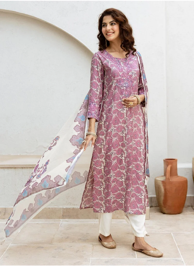آي شين Women's Pink Modal Muslin Printed Tunic Full Length Casual Straight Fit Kurta Set