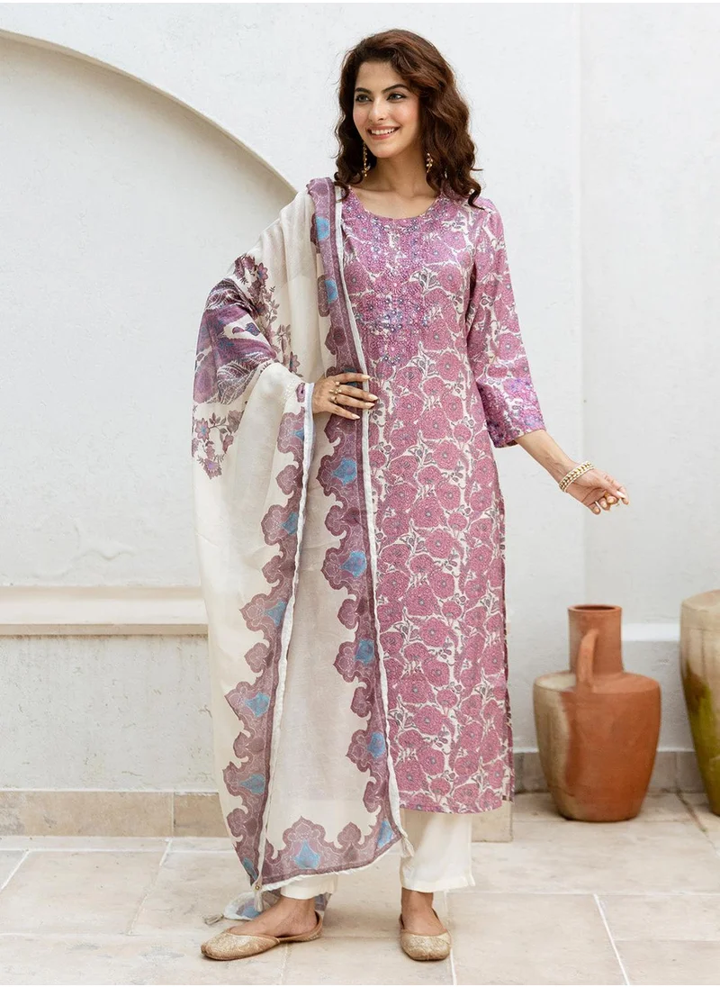 آي شين Women's Pink Modal Muslin Printed Tunic Full Length Casual Straight Fit Kurta Set