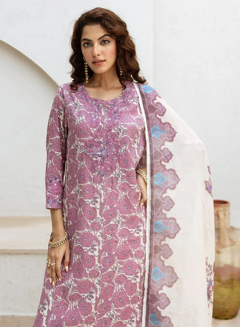 ISHIN Women's Pink Modal Muslin Printed Tunic Full Length Casual Straight Fit Kurta Set