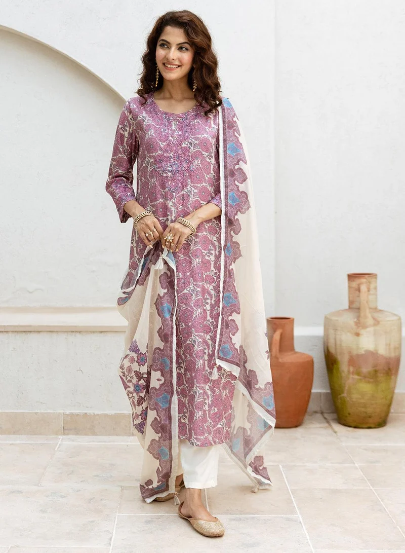 ISHIN Women's Pink Modal Muslin Printed Tunic Full Length Casual Straight Fit Kurta Set