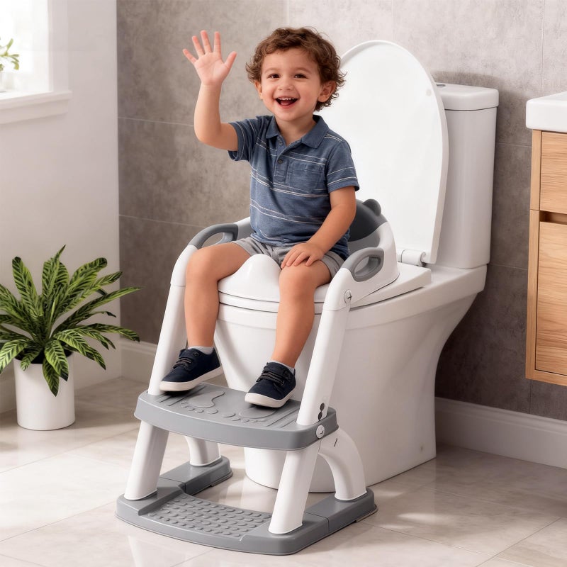 SKYROKU Potty Training Seat, SKYROKU Upgrade Toddler Toilet Seat for Kids Boys Girls, 2 in 1 Potty Training Toilet, Splash Guard Anti-Slip Pad Step Stool,New Sector-Shape Stabilized Base (8899+Grey) - Image 2