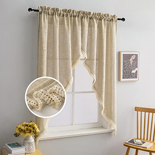 BD BEDA HOME Beda Home Tassel Linen Textured Swag Curtain Valance for Farmhouses’ Kitchen; Light Filtering Rustic Short Swag Topper for Small Windows Bedroom Privacy Added Rod Pocket Design (Taupe 36x63-2PCs) - Image 1