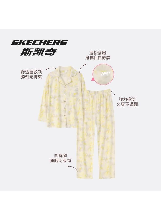 Skechers Women's Comfortable Long Sleeve Pajama Set With Cardigan And Lapel Collar, Long Pants Loungewear Set, Suitable For Outdoor Wear