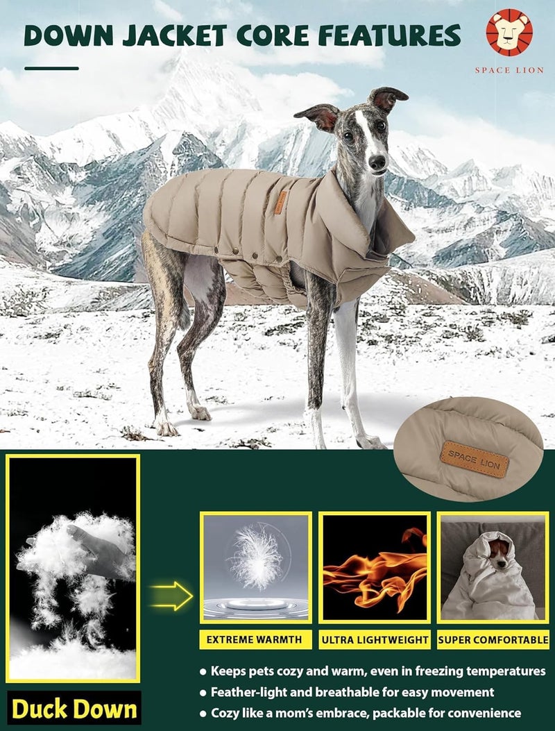 SPACE LION Dog Puffer Jacket, Down Winter Coat, Durable Outdoor Coat for Cold and Windy Conditions, Lightweight & Adjustable Fit Coats for Medium Dogs, (Camel, Size 14 Gift Box) - Image 2