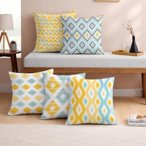 STITCHNEST Set of 5 Polycotton Cushion Covers – 12x12 Inches – Yellow & Aqua Ikat-Inspired Geometric Print – Vibrant Cushion Covers for Sofa, Couch & Living Room | Perfect for Home Decor - Image 1