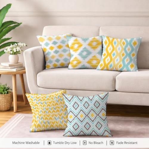 STITCHNEST Set of 5 Polycotton Cushion Covers – 12x12 Inches – Yellow & Aqua Ikat-Inspired Geometric Print – Vibrant Cushion Covers for Sofa, Couch & Living Room | Perfect for Home Decor - Image 5